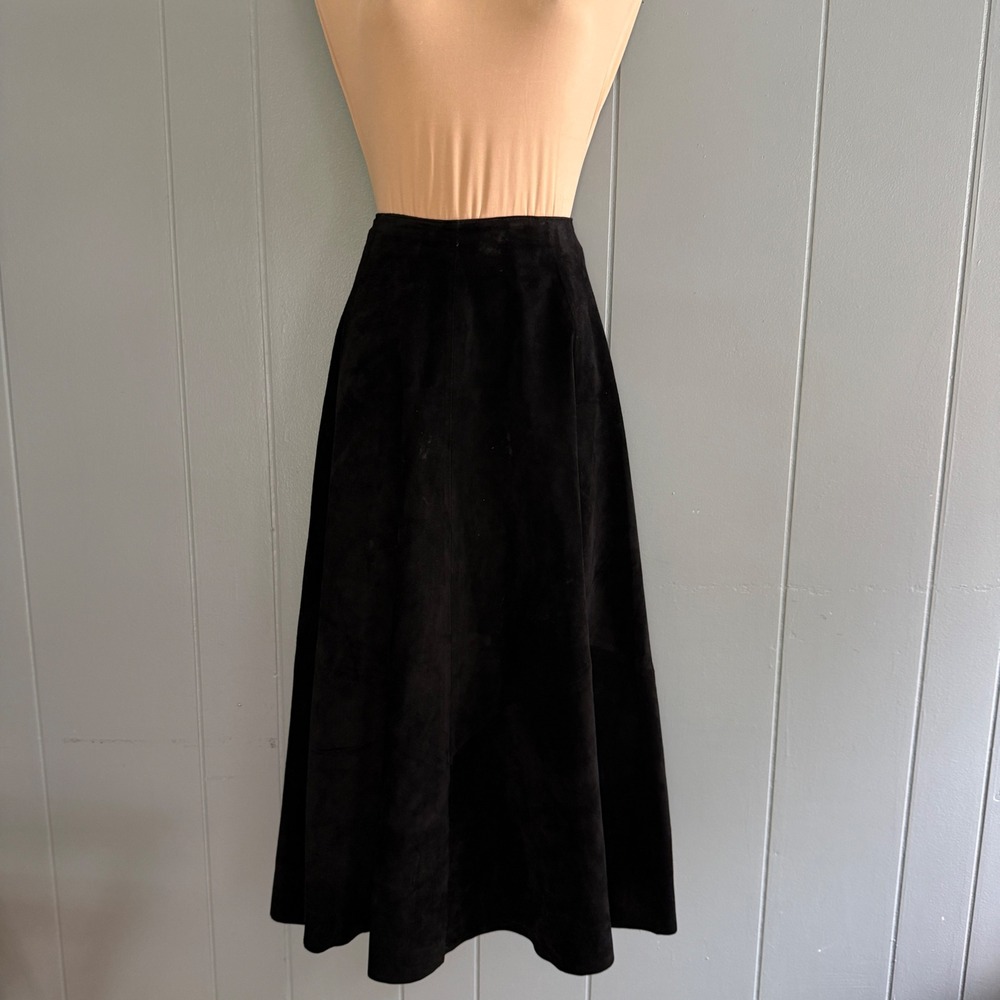 Vintage 90s Black Suede Leather High Waist A-Line Midi Skirt Womens 4 Pia‎ Rucci
